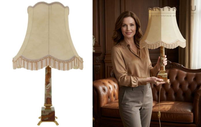 Lampa na komodę z onyksową podstawą – mosiądz, styl Hollywood Regency